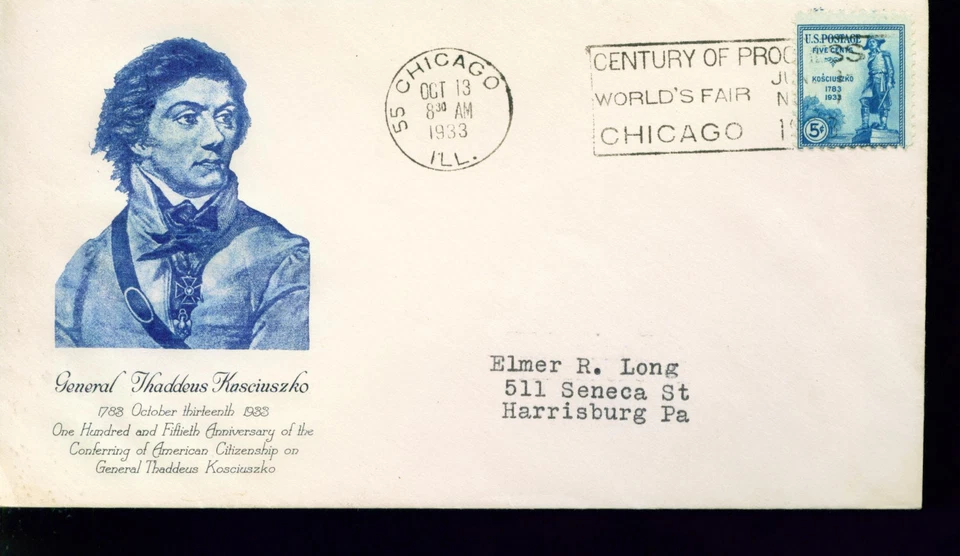 1933 FDC - Scott# 734 - Chicago, IL Cancel - Grimsland Cachet   #1 (blue) - Image 1 of 1