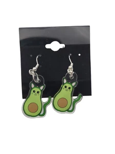 Avocado Cat Avogato Acrylic Dangle Earrings with Sterling Hooks .77" x 1" - Picture 1 of 5