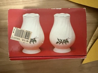 Nikko Happy Holidays Salt & Pepper Shakers Pair Porcelain Holly Made in Japan - Image 1 of 4