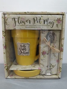 Flower Pot Mug "Hello Sunshine" Yellow Cup Saucer Metal Spade Spoon 14oz Planter - Picture 1 of 7