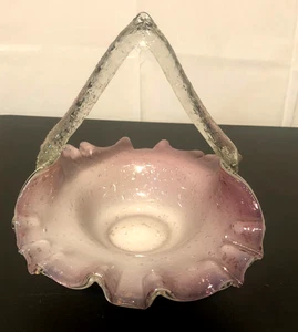 Antique Stevens & Williams Purple Silver Fleck Glass Ruffle Basket/Thorn Handle - Picture 1 of 9