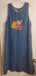 Womens Agapo Christmas Denim Sleeveless Sz M Blue Embroidered Santa Dress - Picture 1 of 6