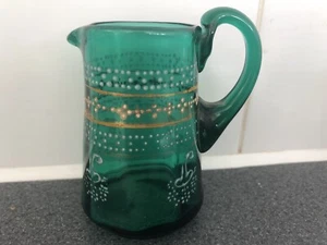 Antique Victorian - Enamelled & Gilded Decorative Green Glass Jug - Picture 1 of 5