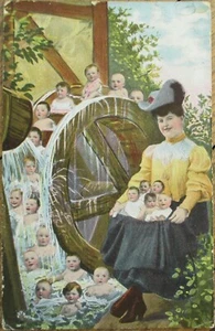 Multiple Baby 1907 Postcard, Babies in Watermill Mill Wheel, Woman in Yellow - Picture 1 of 1
