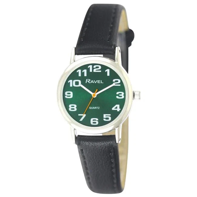 Ladies Easy Read Watch with Black Faux Leather & Green Dial By Ravel R0105.48.2 - Image 1 of 1