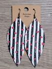 Handmade GENUINE Leather Feather Earrings Black & White Stripe w/ Red Hearts  3"