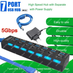 USB 3.0 Hub 7 Port Splitter Adapter + Aktiv Netzteil Verteiler für PC Laptop - Photo 1/12