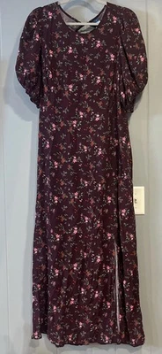 NWT Old Navy Dress Women's XL Maroon Floral Slit Puff Sleeve Maxi Cottage NEW - Image 1 of 4