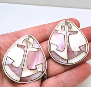 Mother Pearl Inlay Anchor Earrings Post 1.75 Inches Nautical Ocean Sea - Picture 1 of 7