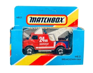 MB21 Matchbox 24 Hr Service Breakdown Van Wrecker- 1983 Blue Window Box Die Cast - Picture 1 of 5