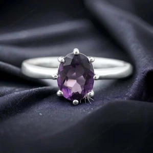 925 Sterling Silver 8x6 mm Oval Shape Natural Amethyst Ring Solitaire Ring - Picture 1 of 6