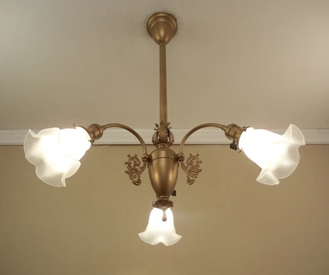 Vintage Victorian Chandelier 1905 WAKEFIELD HUBBELL Brass Pendant Light Restored Cover
