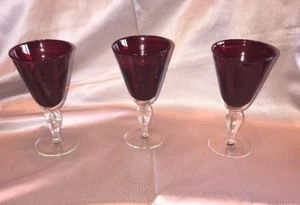 3- Ruby Red Hand Blown Wine Glasses With Clear Bubble Stems - Picture 1 of 6