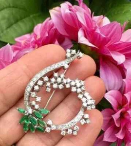 3 Ct Marquise Simulated Emerald Women's Wedding Brooch Pin 14k White Gold Plated - Picture 1 of 6