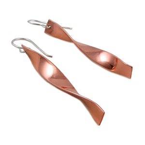 925 Silver and Copper Earrings Solid Twisted Spiral Mixed Metal Long Drops - Picture 1 of 5