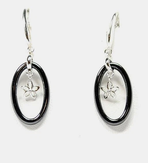 ANILLO OVALADO NEGRO CERÁMICA RODIO PLATA ESTERLINA 925 PLUMERIA HAWAIANA GANCHO PENDIENTES Foto 1 de 1