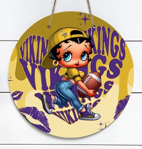 Betty Boop Minnesota Vikings Inspired 10" Metal Indoor/Outdoor Round Sign - Picture 1 of 1