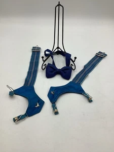 Vintage Child’s Suspenders & Bow Tie Set–Blue Elastic Braces & Navy Bowtie - Picture 1 of 3