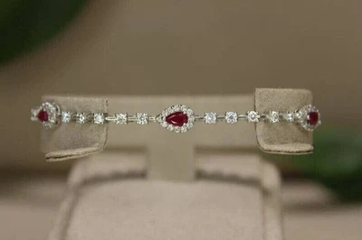 14k White Gold Plated 4.00Ct Pear Cut Lab-Created Ruby Tennis Bracelet Women's - Image 1 of 4