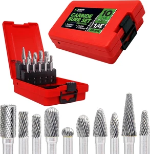 Carbide Burr Set 1/4" Shank – 10 Pcs Double Cut Die Grinder Bits for Milling, Ca - Picture 1 of 12