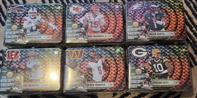 2025 Panini Revolution Holiday Lunch Box Tins X6 Mahomes Hurts Burrow Daniels - Image 1 of 4
