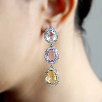 Orecchini pendenti lunghi in argento 925 citrino, ametista, topazio blu e zir... - Immagine 1 di 4