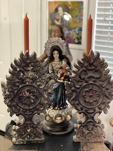 ANTIQUE SPANISH COLONIAL PAIR OF PROCESSIONAL HAND CARVED WOOD CANDLE HOLDER - Picture 1 of 23