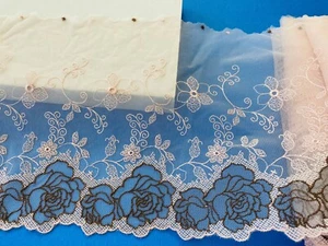 Floral Embroidered Peach Pink Tulle Lace Trim /Sewing /Crafts/Bridal/ 8.5" Wide - Picture 1 of 12