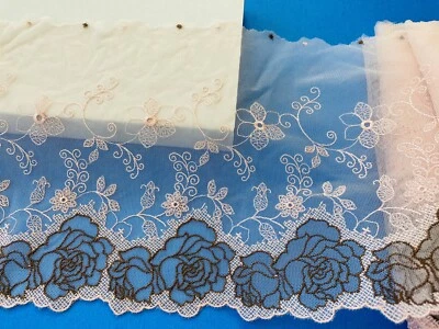 Floral Embroidered Peach Pink Tulle Lace Trim /Sewing /Crafts/Bridal/ 8.5" Wide - Image 1 of 4