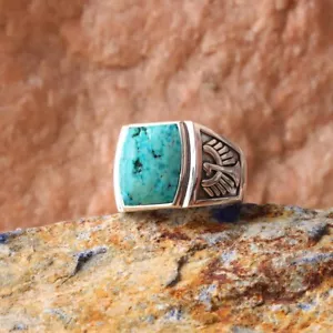 Raw Tibetan Turquoise Ring 925 Silver Ring Thunderbird Ring Men Signet Ring - Picture 1 of 5
