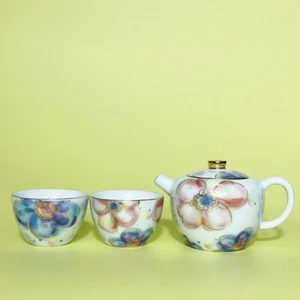 Hand Painted Tea Pot + 2 Matching Tea Cups Thin Glaze Porcelain Pot With Infuser - Picture 1 of 10