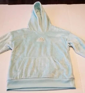 Adidas Faux Fur Hoodie Girls Youth 10/12 Medium Soft Fleece Sweatshirt Blue Mint - Picture 1 of 6