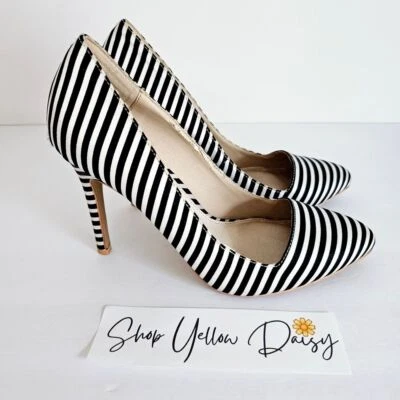 Zapatos de salón Forever 21 blanco y negro a rayas satinado para mujer talla 8 ~ SH248.2 Foto 1 de 4