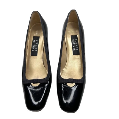 Stuart Weitzman Black Patent Leather Square Heel Bow Size 7.5 AA - Image 1 of 4