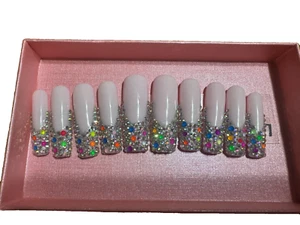 Lovful Handmade False Nail Large Coffin Nails Long Press French Tips Rhinestones - Picture 1 of 3