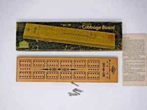 Vintage 1970s Milton Bradley ES Lowe Wooden Cribbage Board w/ Metal Pieces - Picture 1 of 2