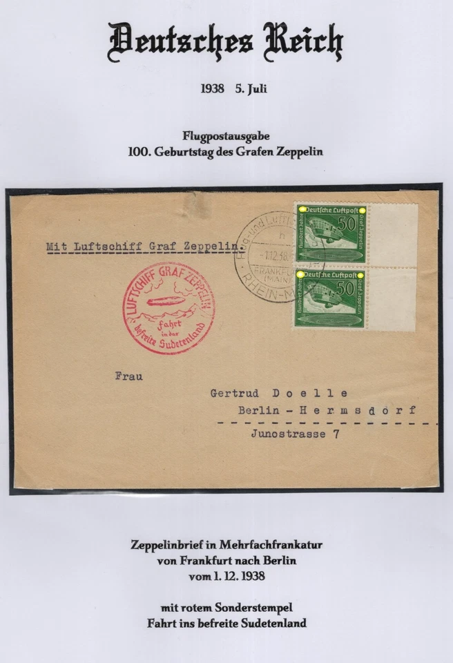 DR: MiNr. 670 MEHRFACHFRANKATUR auf GRAF ZEPPELIN SUDETENFAHRT 1938 - Bild 1 von 1