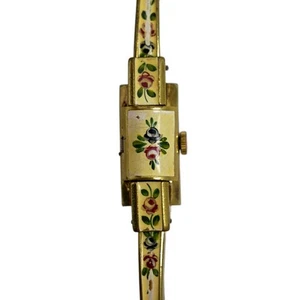 Reloj Mecánico Suizo Ornata PeekaBoo Años 70 Chapado en Oro Esmalte Floral Rosa - Imagen 1 de 10