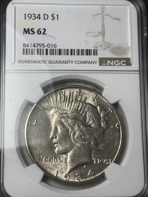 Dólar de plata de la paz NGC MS-62 1934-D de $1 Foto 1 de 3