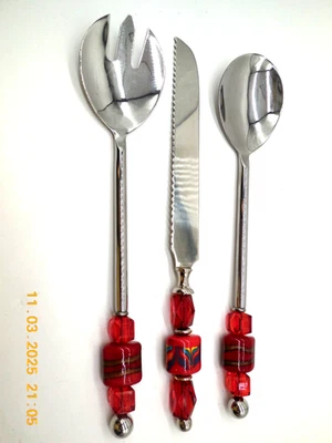 New Artist Design Beaded Set 3 Serving Pieces Fork Spoon Knife 15" Holiday - Image 1 of 4