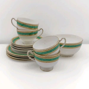 Plato lateral platillo taza con patas a rayas verdes Grafton China Trio x4 azucarero años 30 - Imagen 1 de 23