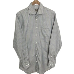 Camisa Peter Millar Abotonada Para Hombre Mediana Pata de Gallo Rayas Azul Marrón Trabajo - Imagen 1 de 9