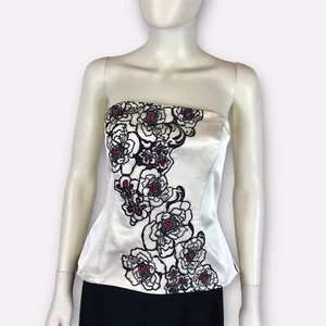 WHBM Lace & Satin Bustier Cami White & Black Floral Fuchsia Stones Size 6 - Picture 1 of 7
