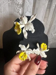 Vintage White and Yellow Orchid Pin and Earrings Set with Pearl Accents - Picture 1 of 2