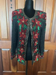 Chaqueta de seda mediana Laurence Kazar para mujer con lentejuelas cuentas de pascua Navidad - Imagen 1 de 10