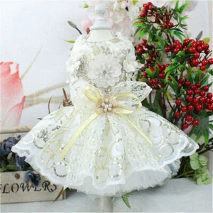 Dogs Lace Dress Wedding Clothes Sequins Bow Mesh Bride Floral Pets Costume Funny - Picture 1 of 14