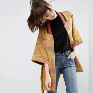 ASOS Jacquard Floral Kimono With Tipped Rib in Yellow Size 6 - Picture 1 of 8