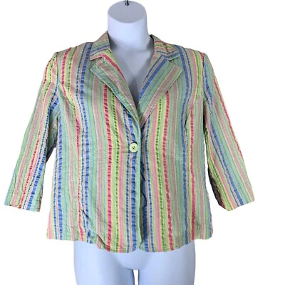 Erin London Size Large Blazer 3/4 Sleeve Striped Green Pink Blue Shoulder Pads - Image 1 of 4
