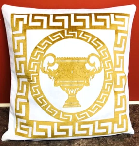 White & Gold Greek Border Crushed Velvet Baroque Cup Circle Pillow Throw Cover - Picture 1 of 3