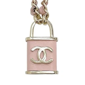 CHANEL Necklace Pendant Choker Pink Gold Coco Mark Padlock Double Chain Leather - Picture 1 of 9